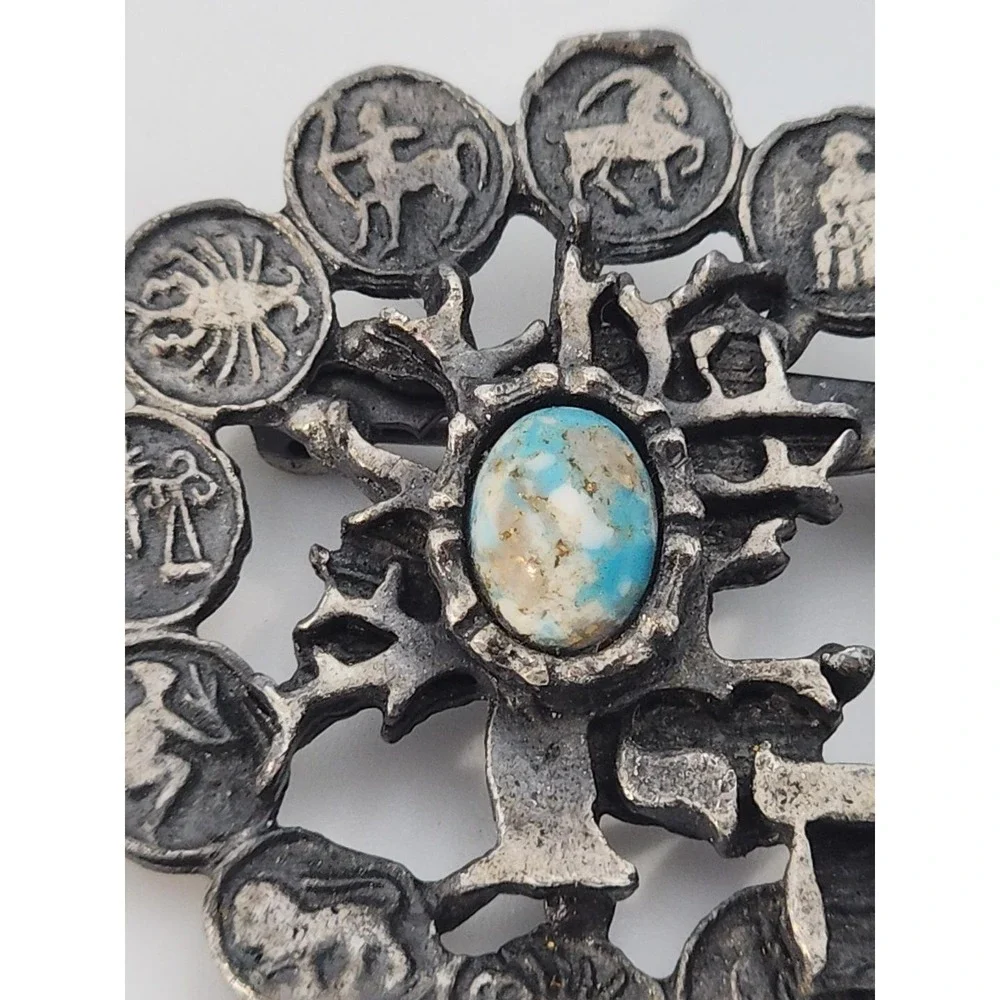 Vintage silver tone Western Astrology Zodiac Tree‎ of Life Chai brooch pin